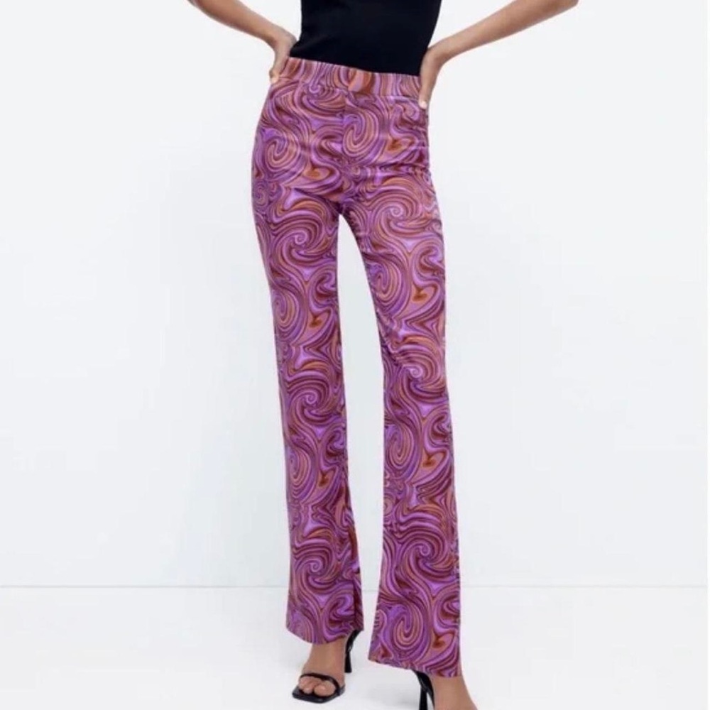 NWT Zara Purple Wavy Marble Printed Retro 60/70s High Waist Flare Pants - Small